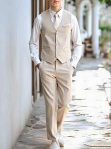 SHEIN 2 件套青少年男孩绅士风格服装，纯色撞色胸袋修身背心 + 优雅长裤，适合生日、婚礼、婚礼嘉宾、花童、戒童的正式服装 - 杏色 - 查看 4