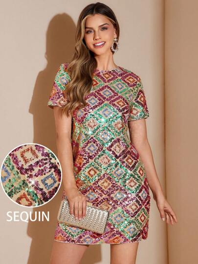 Amorya Women's New Elegant Beaded Embroidered Short H-Line Dress, Suitable For Birthday Party, Gathering, And Multiple Occasions Multicolor Sequin Dress Geometric Sequin Dress Colorful Sequin Dress Pattern Sequin Dress Party Dresses