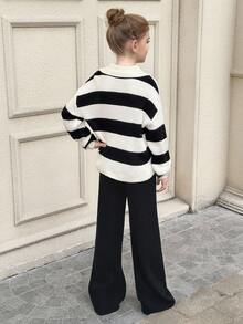SHEIN 青少年女孩休闲罗纹高领黑白条纹毛衣和纯黑色阔腿裤两件套，适合秋冬季 - 黑與白 - 查看 11