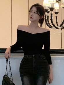 DAZY Elegant Off Shoulder Design Fitted Women T-Shirt Long Sleeve Top - Black - View 4