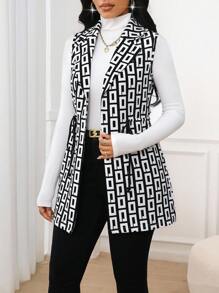 SHEIN Lady 秋冬女款黑白几何印花翻领抽绳腰背心外套 - 彩色 - 查看 6