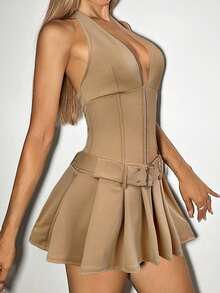 SHEIN ICON 深V领金属纽扣束腰宽褶腰带装饰连衣裙 - 卡其色 - 查看 3