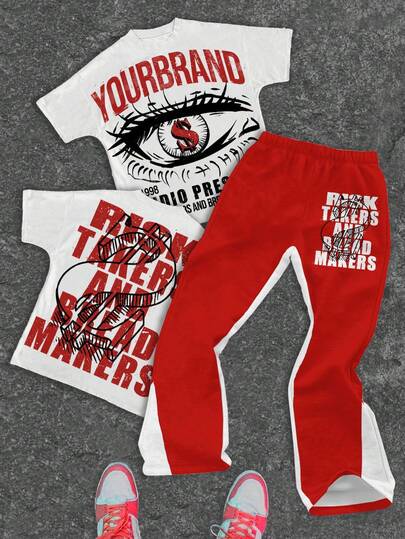 SHEIN Bolty 3pcs Tween Boy Classic Cool Eye Graphic Print, Stylish Slogan Print, Dollar Sign Print Round Neck T-Shirt And Flare Pants Casual Outfit Set, Suitable For Summer