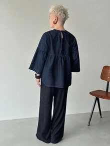 女士时尚休闲落肩牛仔衬衫 - 藍色 - 查看 2