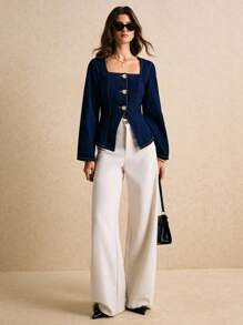 Poéselle Women's Square Neck Long Sleeve Single-Breasted Casual Denim Coat Navy Blue Denim Coat Denim Top Women - Dark Wash - View 1