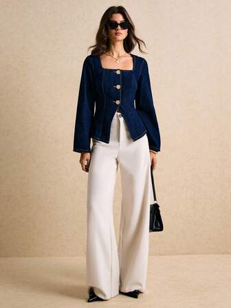 Poéselle Women's Square Neck Long Sleeve Single-Breasted Casual Denim Jacket Navy Blue Denim Jacket Denim Top Women Outfit