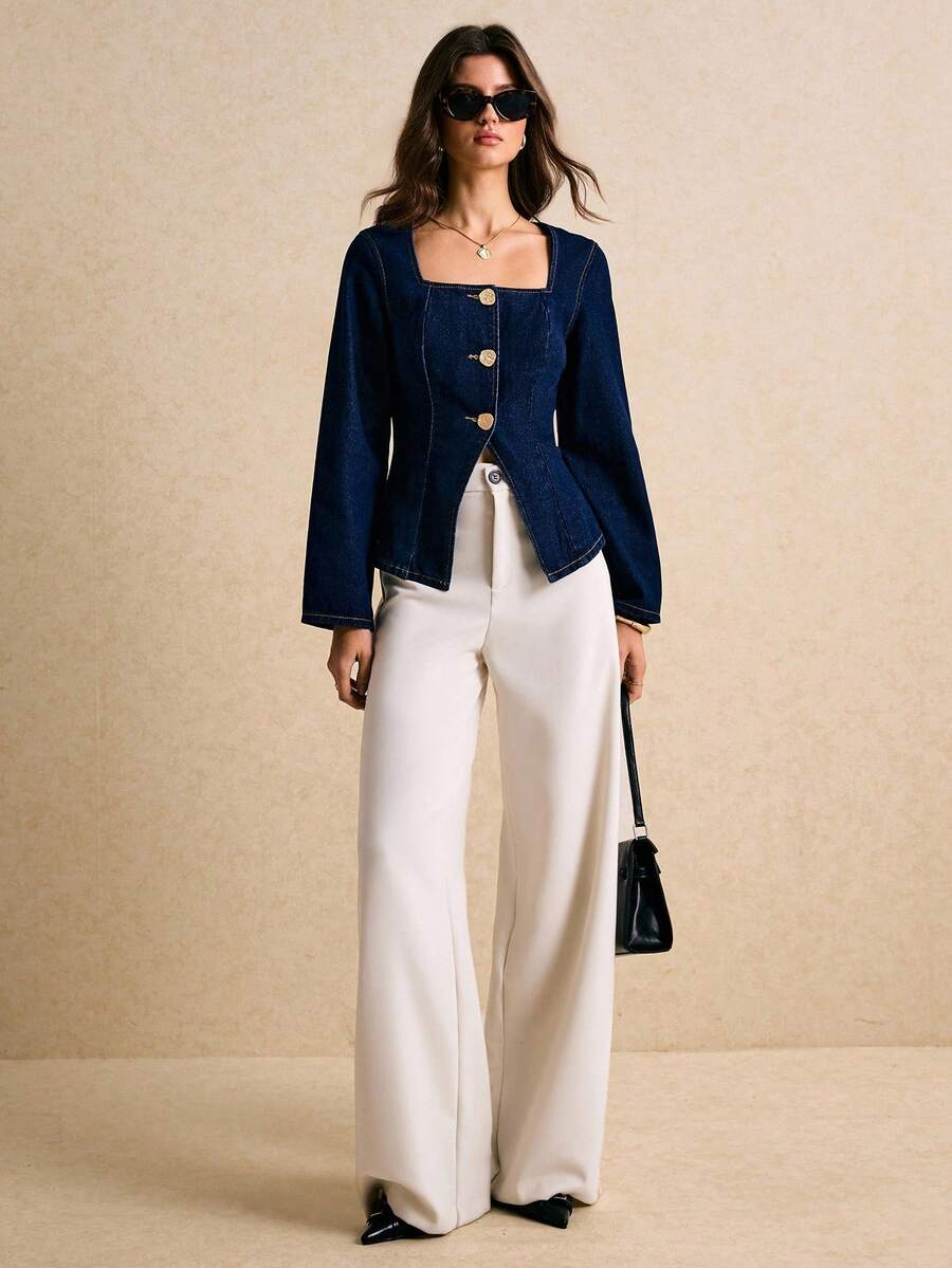 Poéselle Women's Square Neck Long Sleeve Single-Breasted Casual Denim Coat Navy Blue Denim Coat Denim Top Women - Dark Wash - View 1