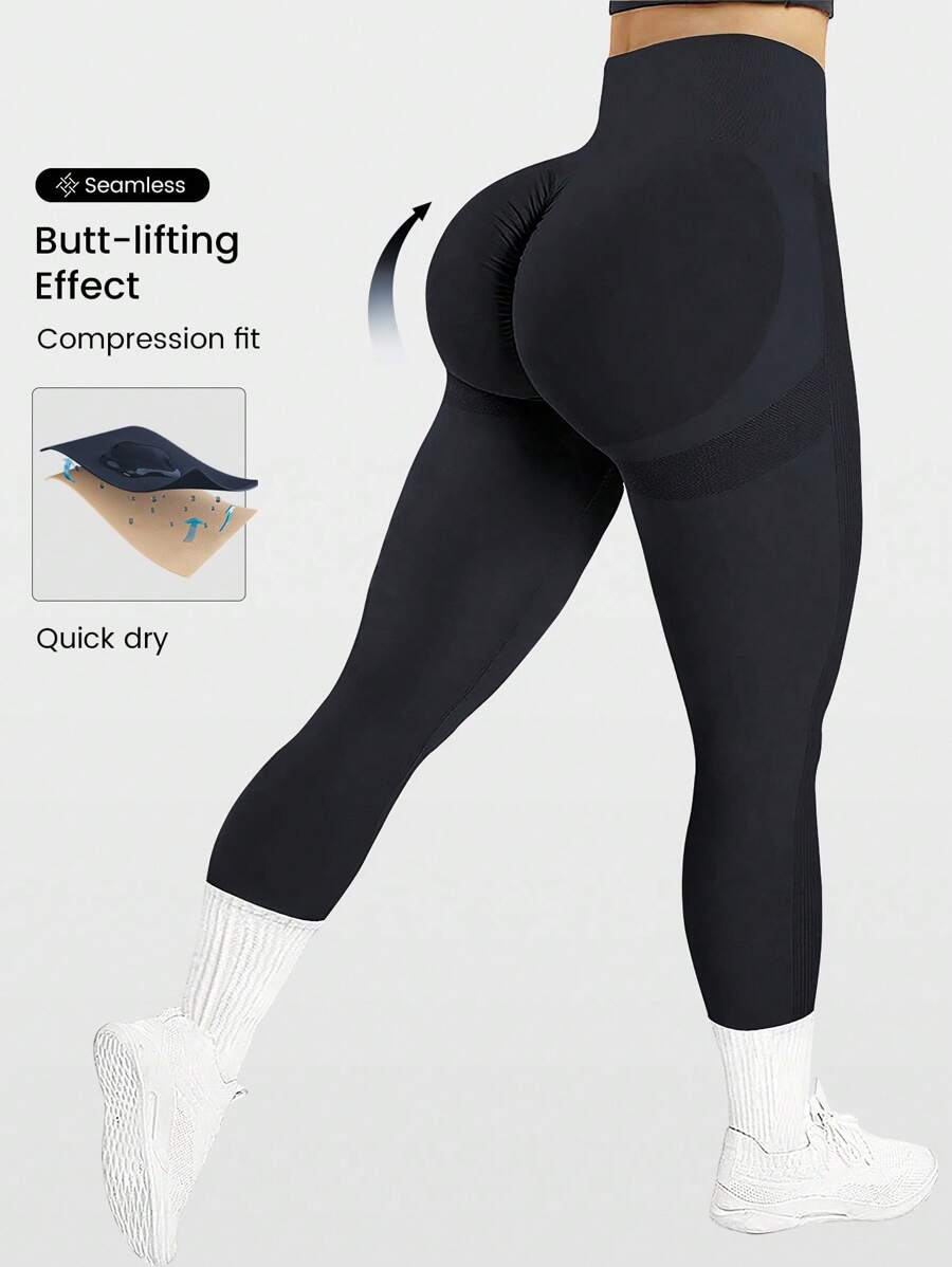 Easithlete Pantalones deportivos de compresión ajustados para mujeres de talla grande con diseño sin costuras y tela de secado rápido para yoga - Azul Marino - Ver 1