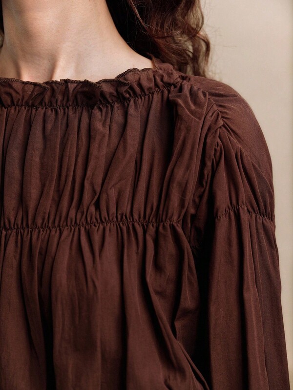 EMERY ROSE 女士宽松落肩褶饰长袖日常通勤优雅咖啡棕色上衣秋季女士服装商务休闲女士办公室服装女士工作服女士演唱会服装女士狂欢服装波西米亚风女装