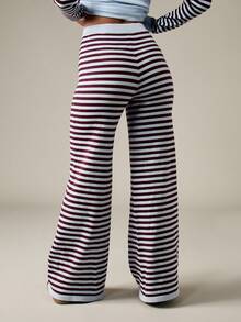 MISSGUIDED Gerippte Strick-Palazzohose in Burgunderrot-Weiß gestreift, hoher Bund, lässige Loungewear für Winter und Herbst, bequeme Modehose - Verschiedenfarbig - Übersicht 2