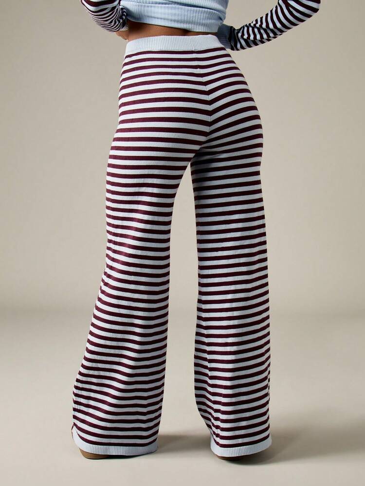 MISSGUIDED Ribbed Knit Wide Leg Palazzo Pants Burgundy White Striped High Waist Casual Lounge Wear Winter Fall Seasonal Comfort Fashion Pants