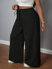 SHEIN PETITE CURVE Pantalones casuales de vacaciones de textura marrón para mujer de talla grande