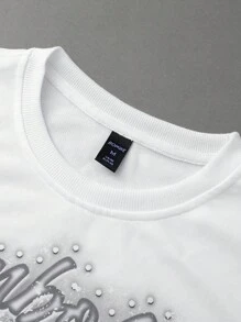 ROMWE MEN Goth Men's Letter & Cross Print Crew Neck White Long Sleeve Pullover Sweatshirt