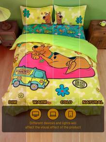 SCOOBY-DOO X SHEIN 3pc Soft & Cozy Cartoon Dog & Floral Print Duvet Cover Set,Suitable For Single Bed/Double Bed/Queen Bed/King Bed, Dormitory/Home - Green - View 12