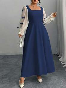 Modelyn Women's Plus Size Bow Decor Square Neck Long Sleeve Elegant Dress Fall Cloth For Women