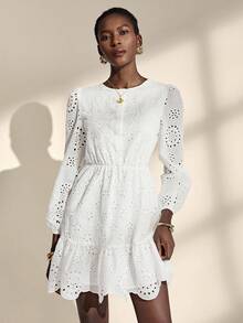Almamuse Robe longue à manches longues avec ourlet à volants brodés blanc unicolore pour femmes - Blanc - Voir 5