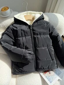 女童休闲棉服外套，罗纹弹性衣领、袖口和下摆，加厚衬里，宽松版型，秋冬舒适，适合日常、通勤、郊游、派对和拍照 - 黑色 - 查看 6