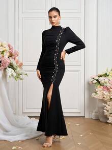 Coutiva Vestido de noche elegante de mujer con decoración de strass, plisado y abertura en la falda de cola de pez - Negro - Ver 4