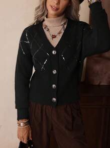 Cardigan casual feminino com lantejoulas e cor sólida, LanaWest - Preto - Ver 6