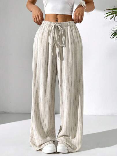 Solflare Plus Size Casual Linen Pants, Resort Vacation Style, Spring/Summer,Going Out,Vacation,Beach,Comfortable,Breathable,Casual,Back To School Striped Linen Pants Beach,Cute, Y2k, Vintage, Airport,Old Money,Teacher,Holiday