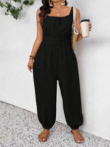SHEIN Frenchy 大码休闲度假细肩带哈伦连体裤 - 黑色 - 查看 1