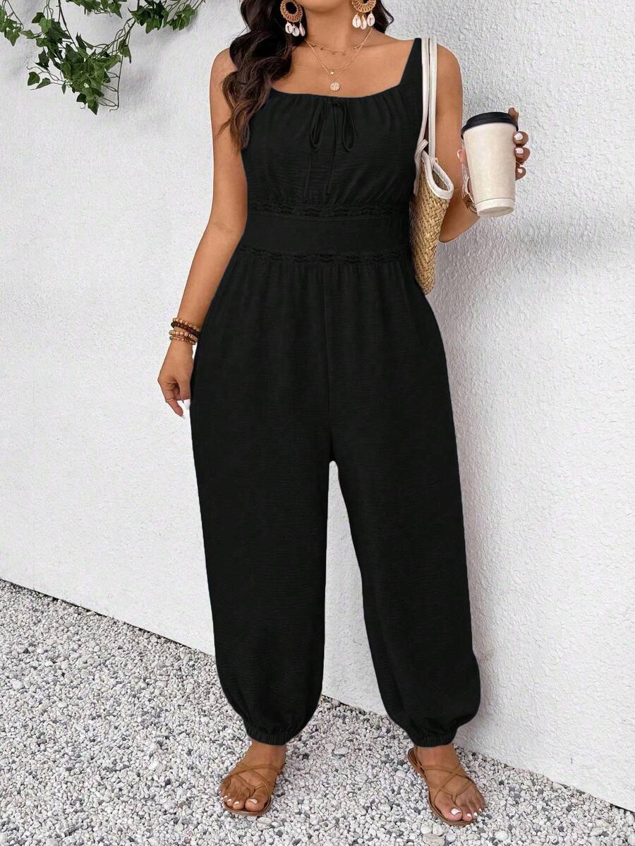 SHEIN Frenchy 大码休闲度假细肩带哈伦连体裤 - 黑色 - 查看 1