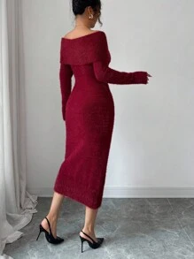 Selianne 秋冬女士露肩修身中长款紧身毛衣连衣裙 - 酒紅色 - 查看 2