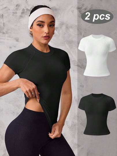 Easithlete 2 Pcs Leisure Solid Raglan Sleeve Sports Tee Tight Fitted Tops Women Gym Shirts Compression Shirt Women