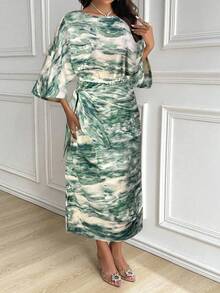 Modelyn 2pcs Women's Round Neck Allover Print Mid-Sleeve Top And Pleated Hem Skirt Set 2 Pieces Set - Green - View 6