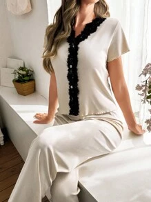SHEIN 撞色蕾丝V领开衫短袖和裤子女士休闲宽松针织睡衣套装 - 杏色 - 查看 4