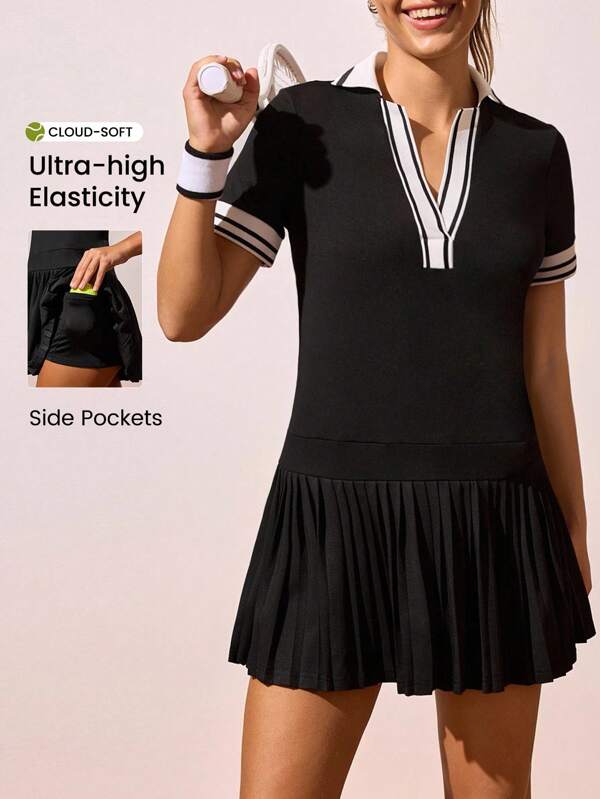 CourtClass Women's Casual Contrast Trim Pleated Hem Sports Dress, Summer Pleated Pleated Tennis Dress Short Sleeve Tennis Dress Sporty Dresses Athletic Dress Tennis Dress With Pockets Sport Skort Dress