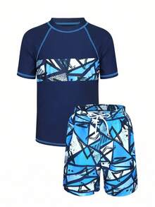 青少年男童泳装套装：短袖防晒衣上衣和沙滩短裤，夏季休闲运动泳衣 - 彩色 - 查看 3