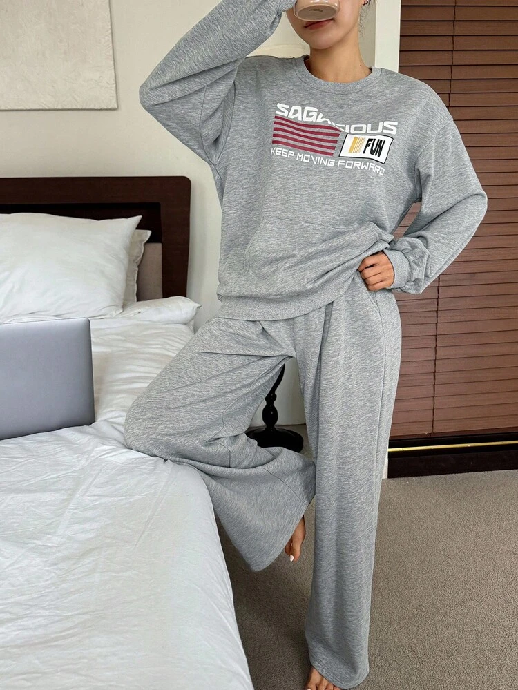 Women's Casual Letter Print Loose Fit Sweatshirt Homewear Set, Sports Style, Fall Clothes Pajama
