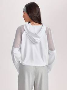 SHEIN Sports 女士休闲纯色运动网眼拼接卫衣 - 白色 - 查看 2