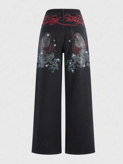 ROMWE Avant Women's Rhinestone Embellished Straight Loose Fit Jeans