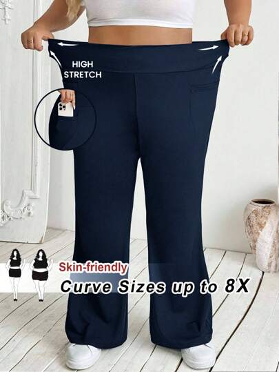 SHEIN CURVE+ 大码女式秋冬返校休闲家居服瑜伽舒适户外纯黑色针织松紧腰高腰口袋喇叭裤，带口袋的紧身裤