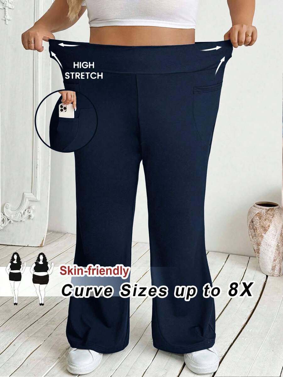 SHEIN CURVE+ 大尺碼女款秋冬開學季休閒家居瑜伽舒適戶外純黑色針織彈性腰高腰口袋喇叭褲,附口袋內搭褲 - 寶藍色 - 查看 1