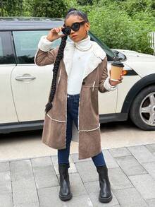 SHEIN Tween Girl Collared Long Sleeve Fleece Coat, Casual Daily Fashion Versatile Brown Coat - Brown - View 3