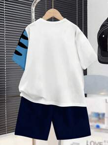 SHEIN Tween Boy Casual Cartoon Dinosaur Print Round Neck Short Sleeve T-Shirt And Shorts 2 Pieces Set, Suitable For Summer - Multicolor - View 2