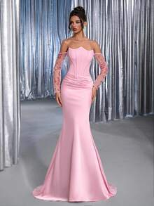 Glamrae Elegantes rosa Trägertop mit asymmetrischem Ausschnitt (abnehmbar) und wunderschönen Mesh-Pailletten, Langarm, Fischschwanz-Patchwork-Taille, plissierte Verzierung, glänzender Satin-Fischschwanz-Schleppe, geeignet für Date, Urlaub, Hochzeit und Veranstaltung, schweres Abendkleid (Herbst und Winter), Herbstkleider für Frauen