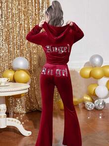 SHEIN 青少年女孩天鹅绒水钻口袋连帽拉链运动衫和修身喇叭裤休闲优雅两件套 - 酒紅色 - 查看 10