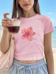 Tween Girl Casual Minimalist Floral Painting Graffiti Pattern Comfortable T-Shirt, Suitable For Beach & Outdoor Wear - Pink - View 1