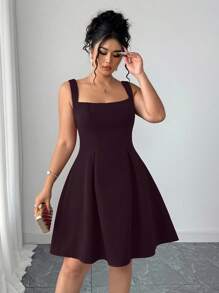 SHEIN Elenzya 大码女式纯色无袖方领收腰A字连衣裙 - 中紫紅色 - 查看 3