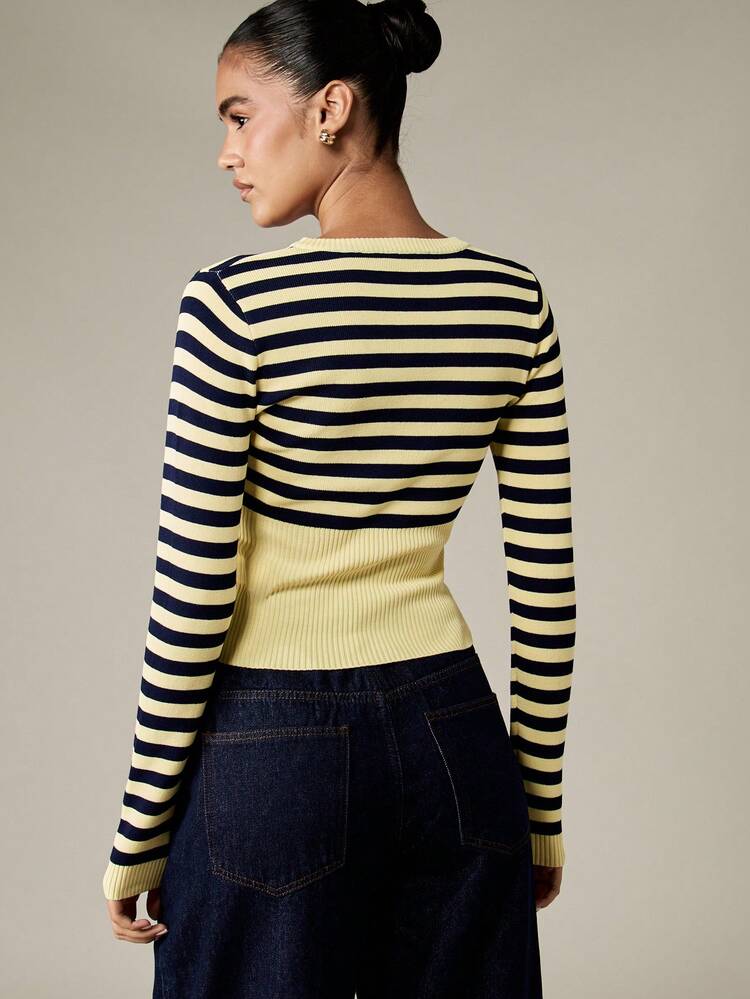 MISSGUIDED Vintage Inspired Nautical Striped Crop Knit Top Long Sleeve Fitted Waist Retro Style Winter Fall Casual Wear