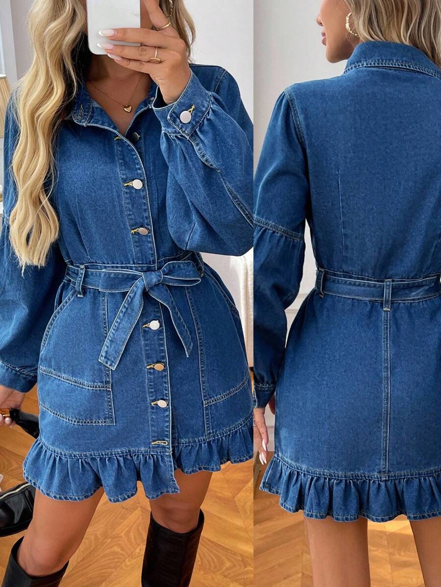 SHEIN Tall 高腰女式时尚休闲荷叶边长袖牛仔连衣裙