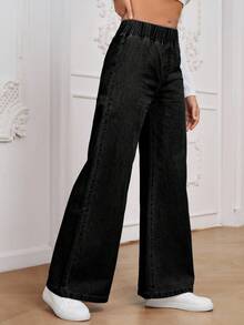 EMERY ROSE Women's Casual All-Match High Waist Wide Leg Loose Woven Denim Pants, Versatile All Season - Black - View 4