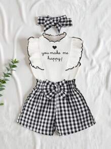 SHEIN Vintaside Kids Baby Girl Slogan Graphic Ruffle Trim Tee & Gingham Bow Front Shorts, For Christmas - Black and White - View 1