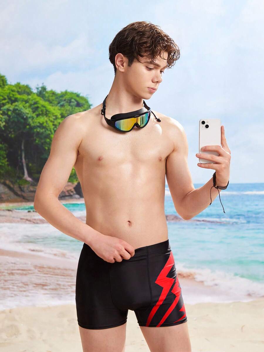 SHEIN Quần bơi bó sát thể thao thường ngày dành cho nam thiếu niên, họa tiết hình học chuyển màu. - Đỏ - Xem 1