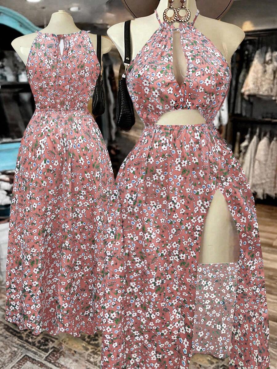 Sweetra Plus Size Women's Hollow Neck Slit Dress, Elegant Vintage Ditsy Floral, Suitable For Spring/Summer Vacation & Beach - Pink - View 1