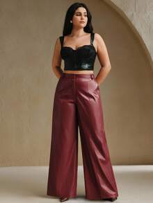Anewsta Pantaloni evazați din piele moale de înaltă calitate, mărime mare, cu picior larg, potriviți pentru toamnă, toamnă, iarnă, ieșiri în oraș, eleganță, formală, petrecere, șic, Anul Nou, Crăciun, serviciu, absolvire, nuntă - Burgundia - Vizualizare 1